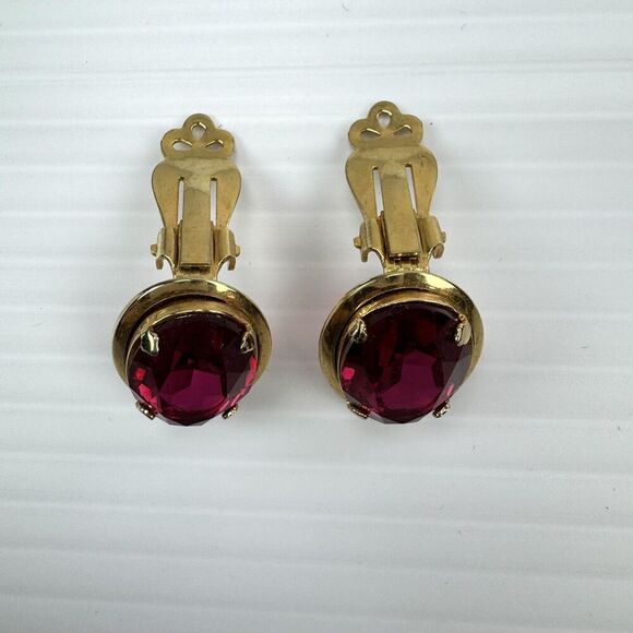 Vintage Pink Oval Rhinestone Clip On Earrings Prong Set Estate - Picture 5 of 8